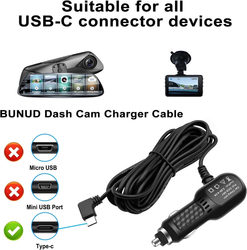 BVNUD شاحن كاميرا داش USB C، محول طاقة كاميرا داش من نوع C، شاحن سريع للسيارة USB C، كابل طاقة كاميرا داش متوافق مع نظام تحديد المواقع GPS ومعظم كاميرات داش الأخرى (11.5 قدم) - Image 3